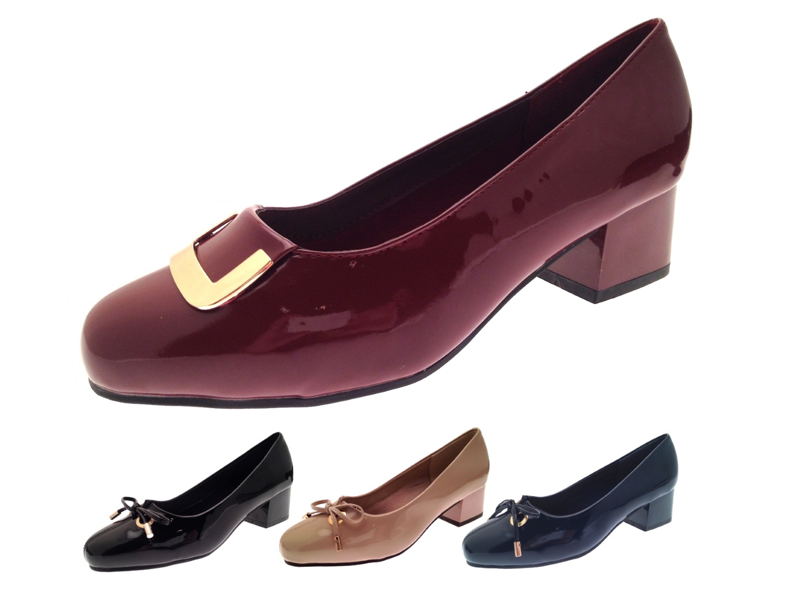 Womens Patent Low Block Heels Wide Fit Comfort Court Shoes Ladies Size